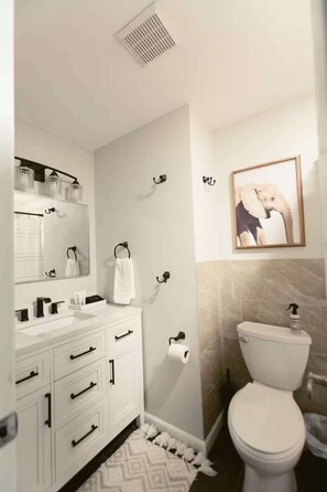 Shower, hair dryer, towels, soap