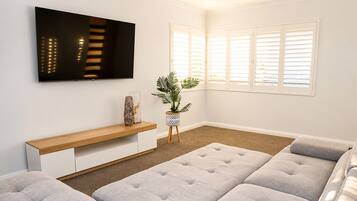 Smart TV, fireplace, video games, DVD player