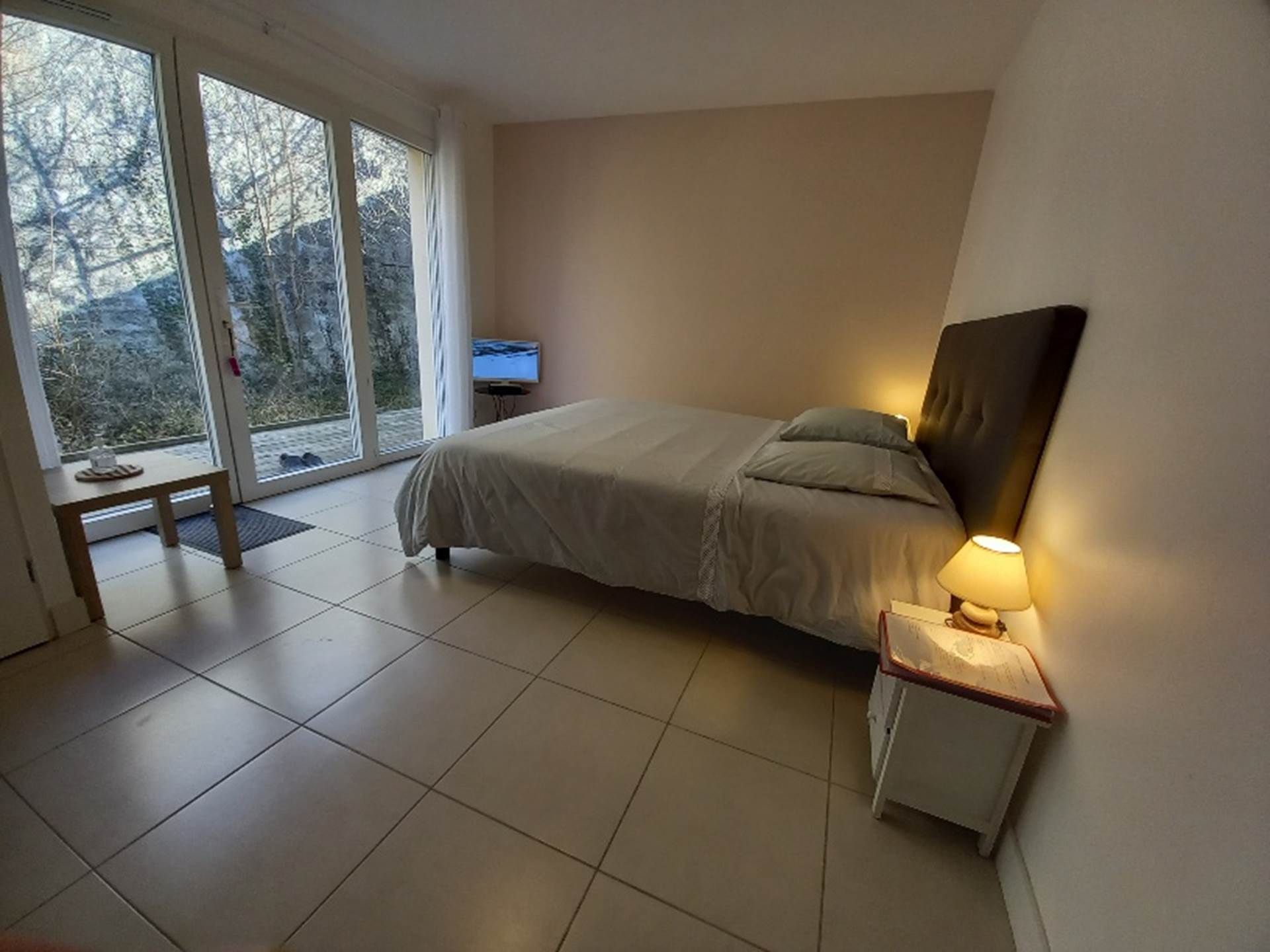 A bedroom with a bed, a bedside lamp, a television, and a view of trees through large windows.
