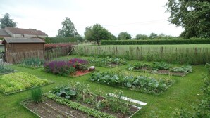 Een goed onderhouden tuin met verhoogde plantenbakken, diverse planten en een houten omheining.