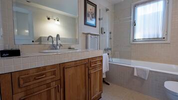Shower, hair dryer, bidet, towels