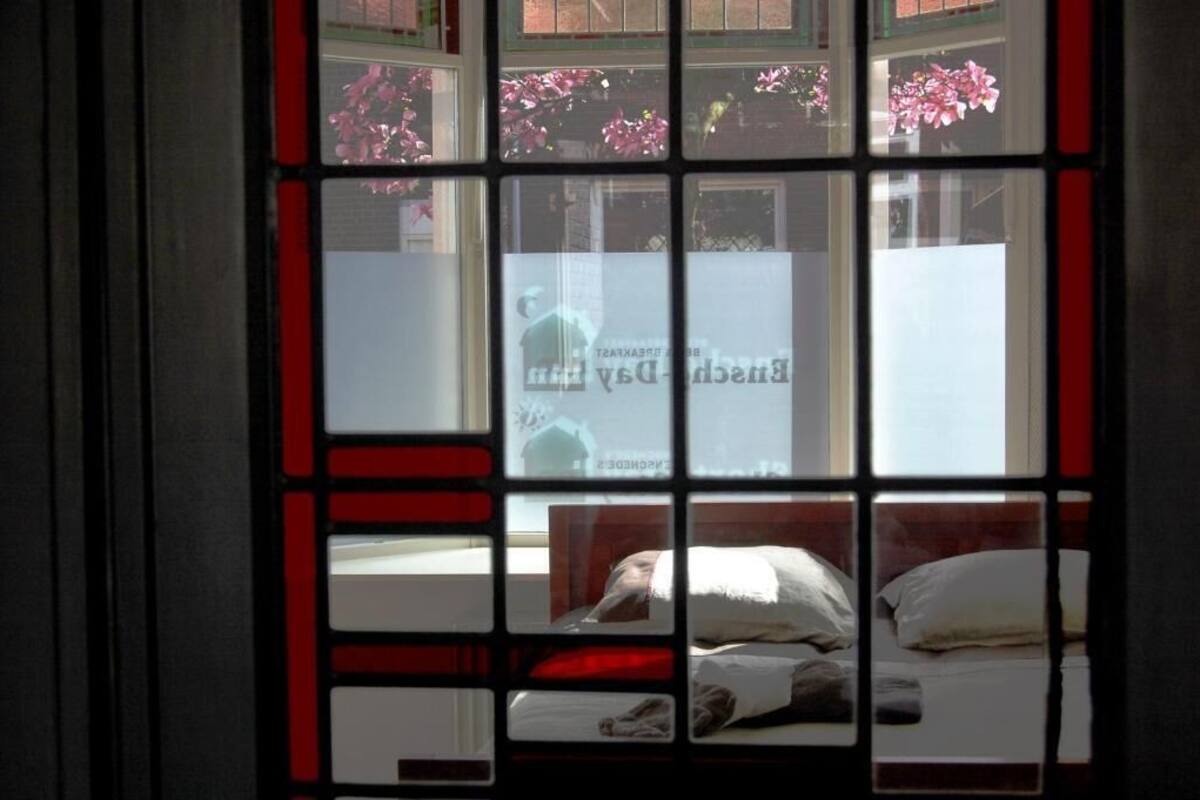 A room with a bed, pillows, and a window with a view of pink flowers outside.