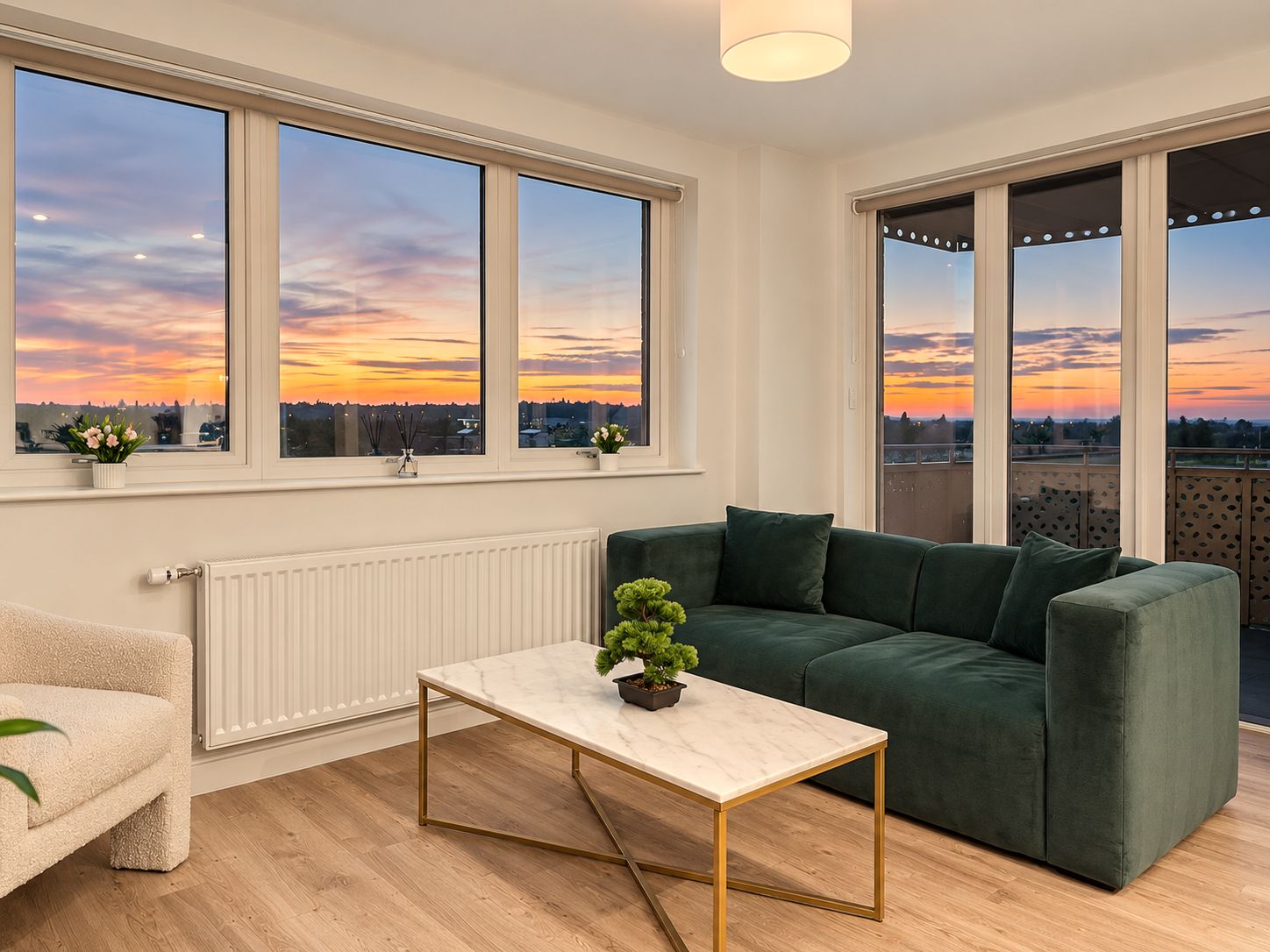 Un salon moderne avec un canapé vert, une table basse en marbre et de grandes fenêtres offrant une vue sur le coucher de soleil.