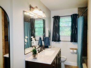 Shower, towels, soap, toilet paper - Beautiful botanical  4-bedroom 2 bath house in peaceful Baton Rouge neighborhood (Baton Rouge)