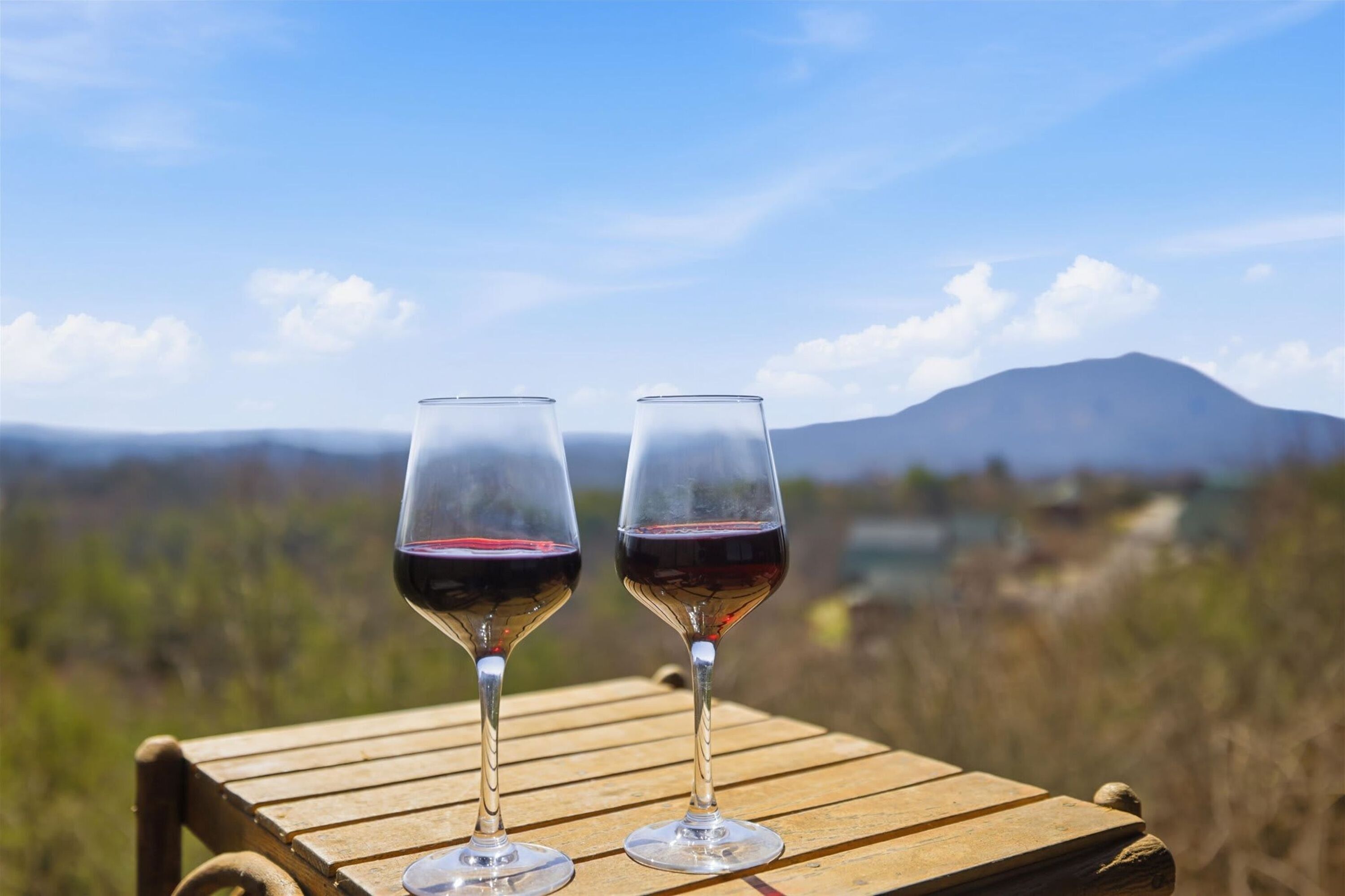 Two wine glasses on a wooden table with a mountain view in the background.