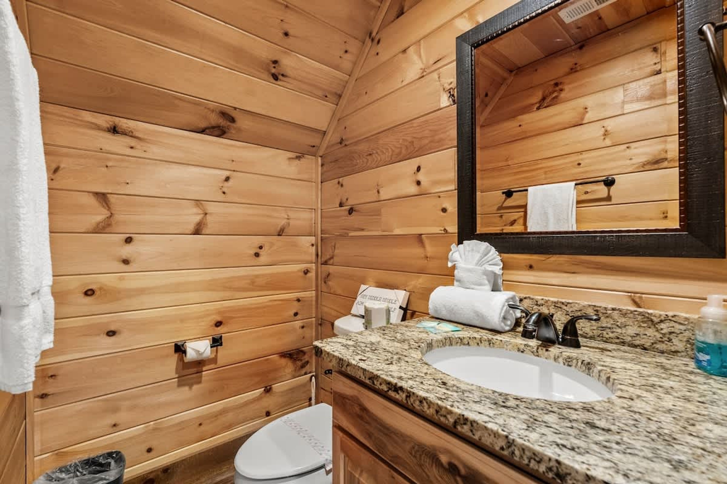 A wooden cabin bathroom with a granite countertop sink, a mirror, and a toilet.