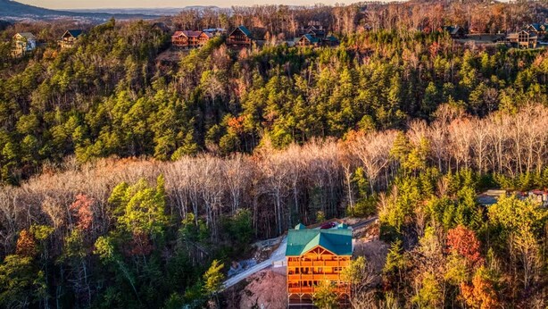 Un alberc amb diverses cabanes envoltat de bosc dens, accessible per un camí sinuós.