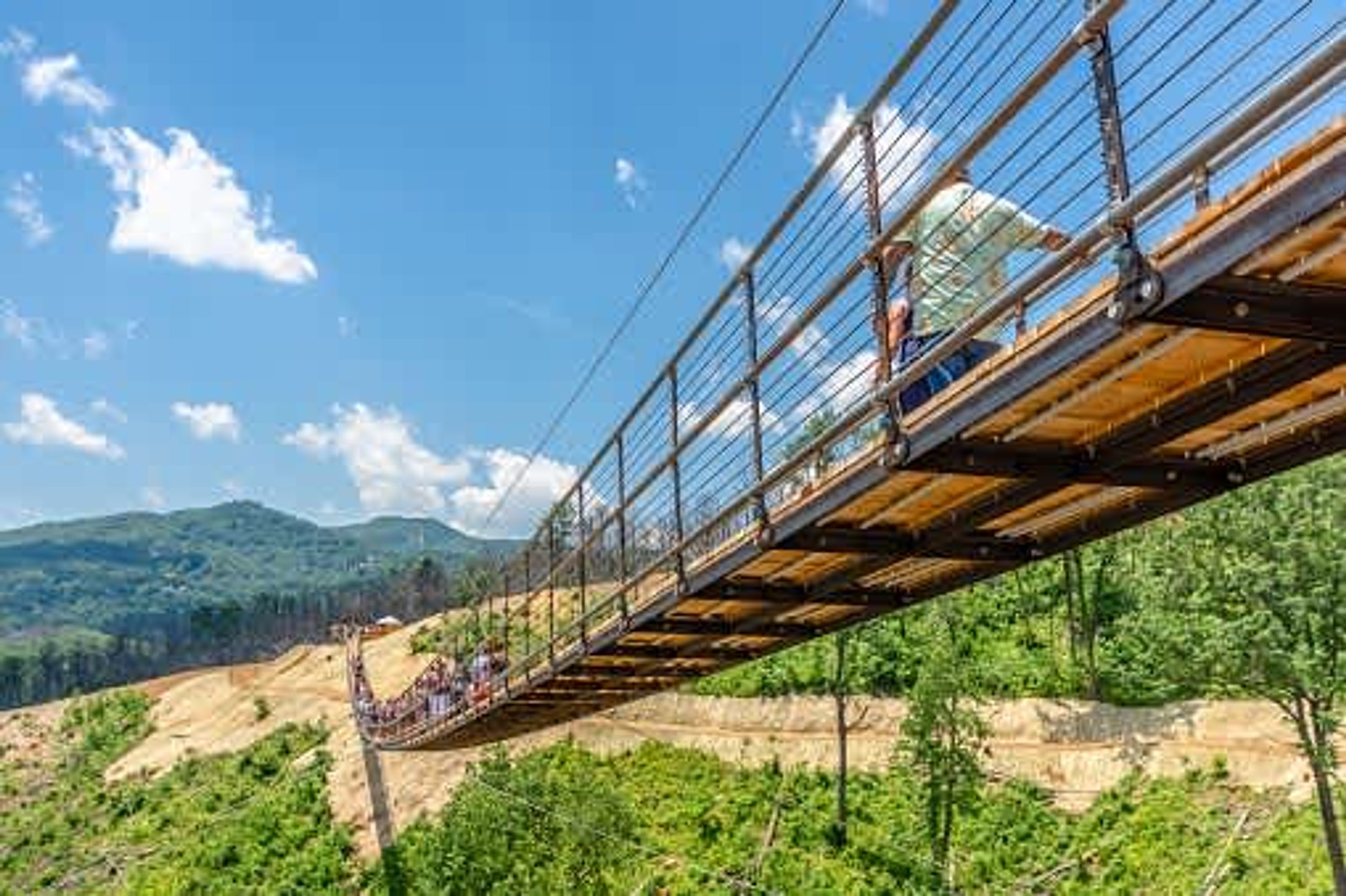 Un pont suspendu doté d’une passerelle en bois et de garde-corps en métal, qui enjambe une vallée verdoyante, avec des collines en arrière-plan.