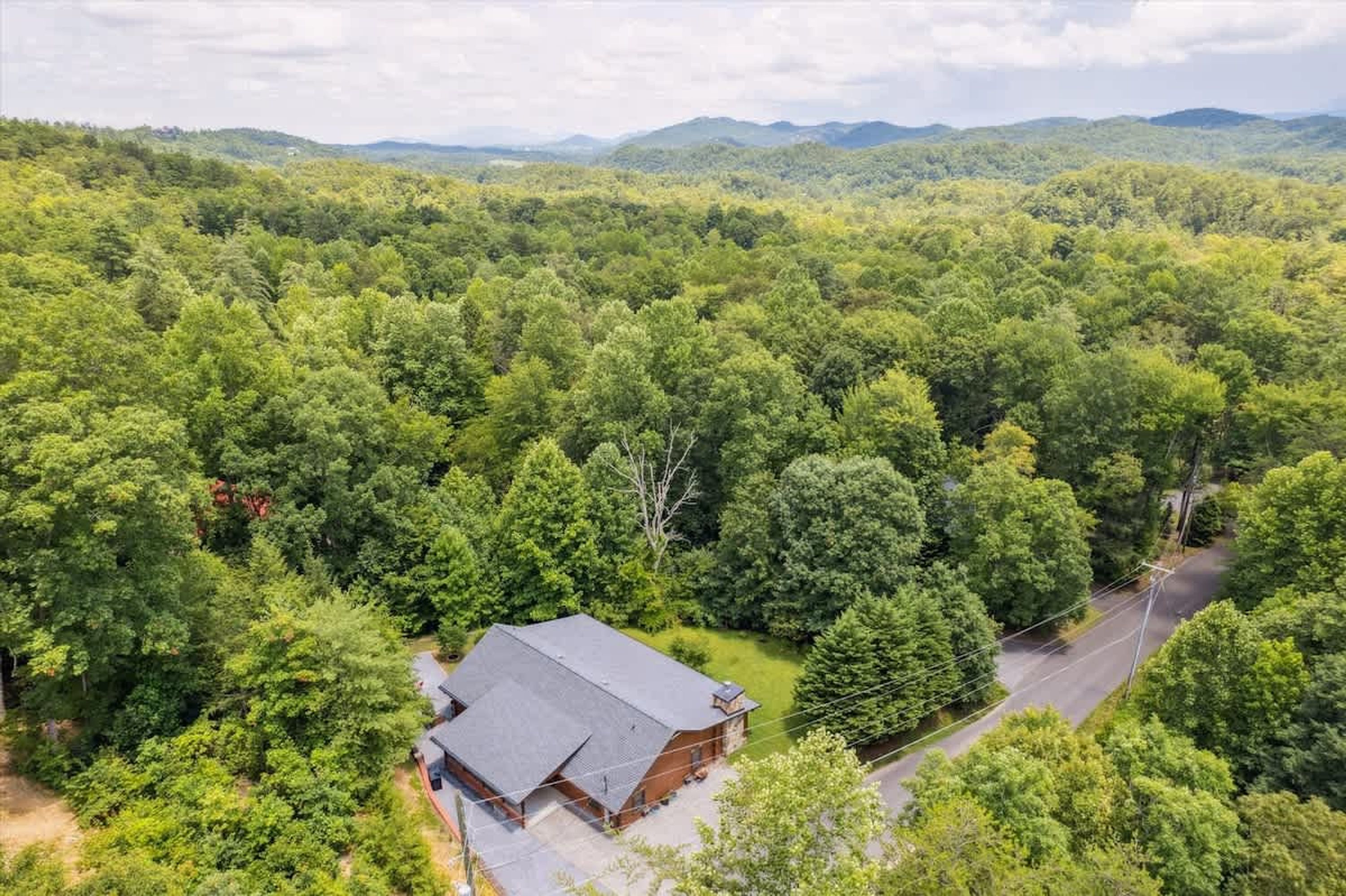 A cabin surrounded by dense forest with a road leading to it.