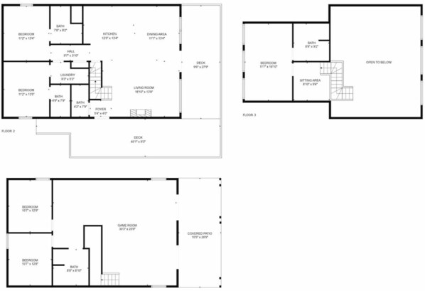 Ein Grundriss mit drei Schlafzimmern, zwei Bädern, einer Küche, Essbereich, Wohnzimmer und einer überdachten Terrasse.