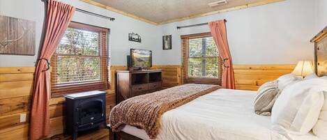 Un dormitorio con cama, televisor, chimenea y ventanas con cortinas.