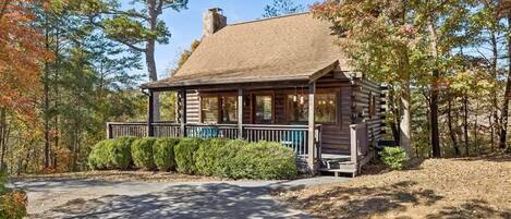 A log cabin with a porch, surrounded by trees.