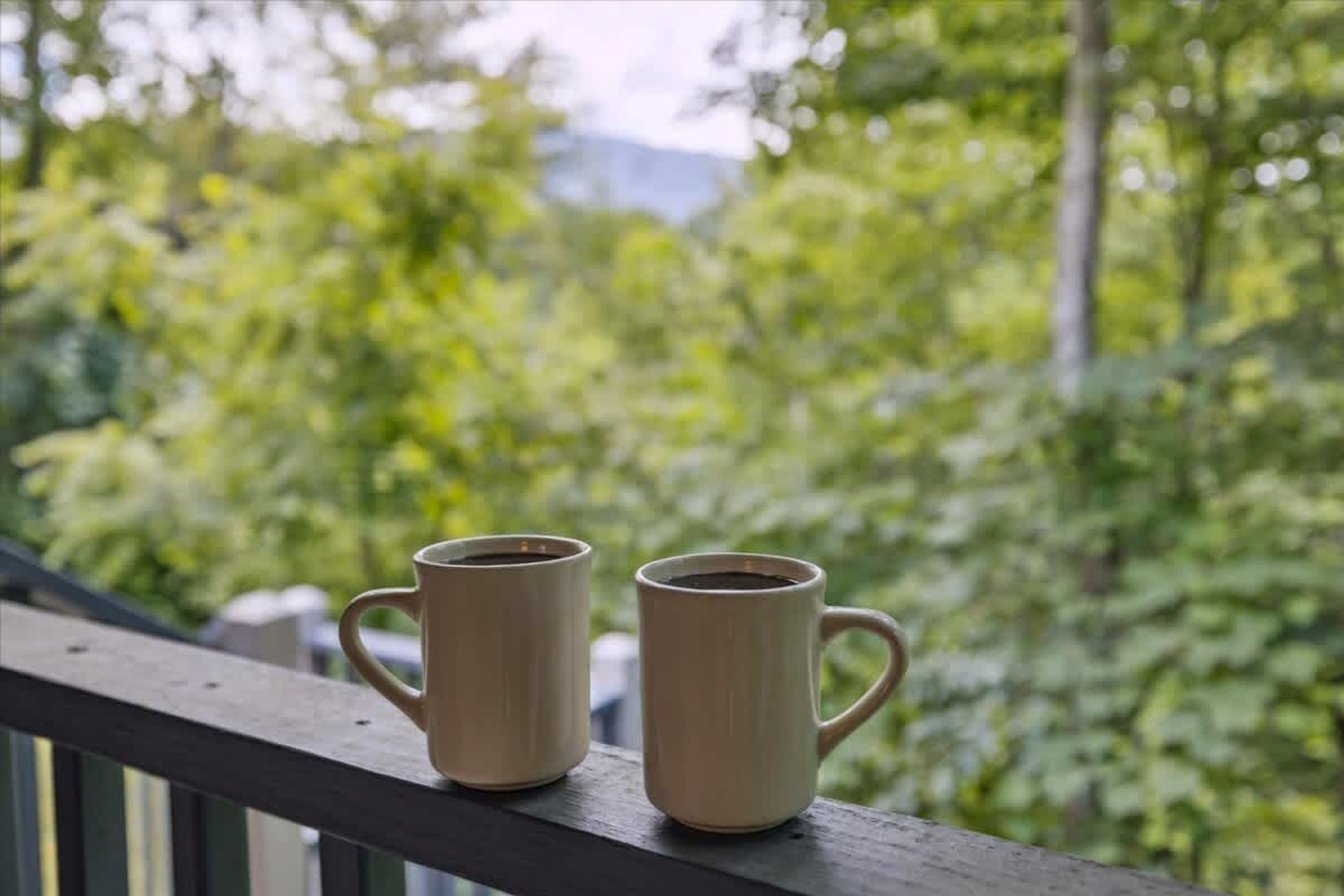 Two beige mugs on a wooden railing with a blurred green background.