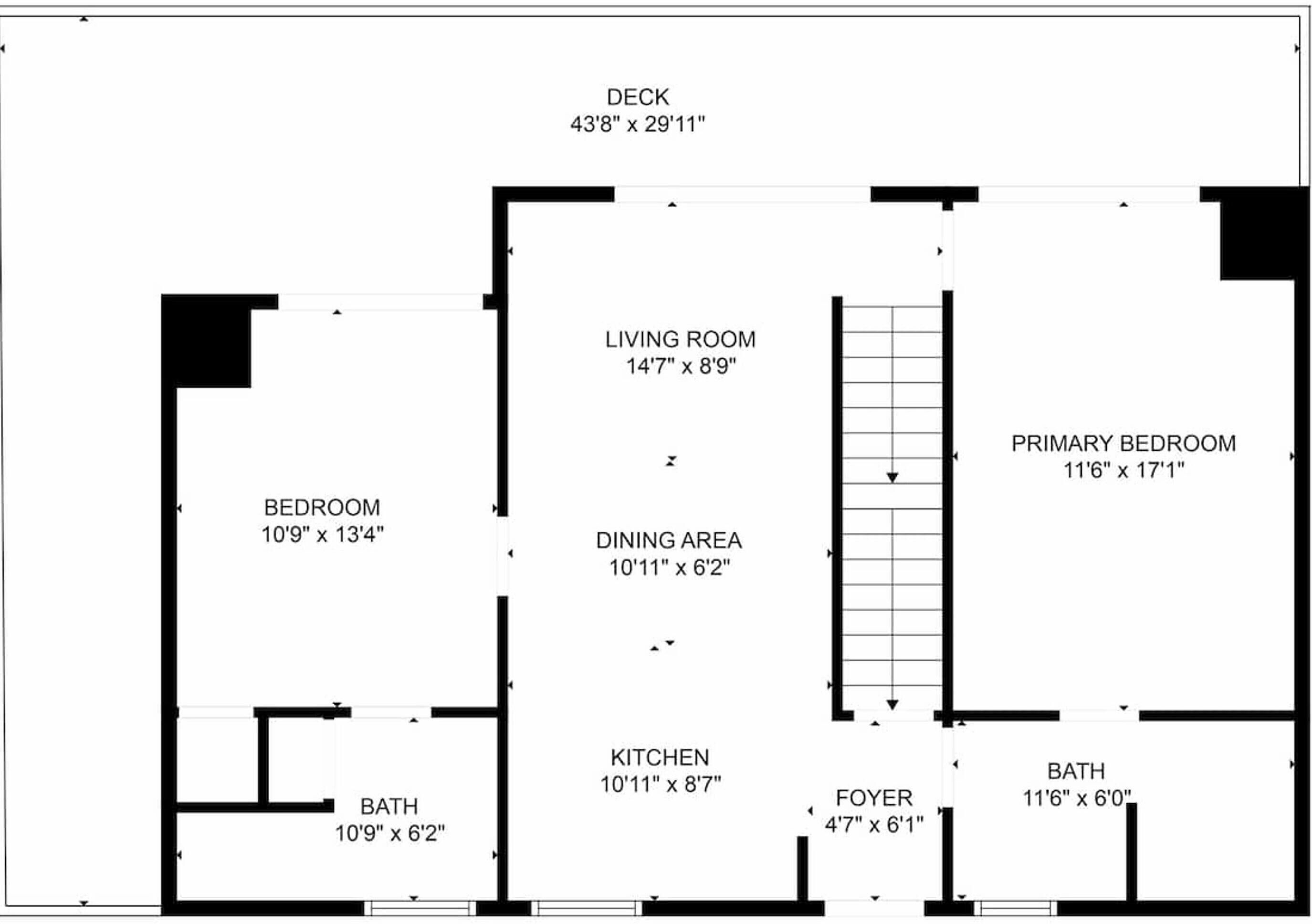 A floor plan with a deck measuring 43'8' x 29'11', a living room of 14'7' x 8'9', a primary bedroom of 11'6' x 17'1', a kitchen of 10'11' x 8'7', and a bath of 10'9' x 6'2'.