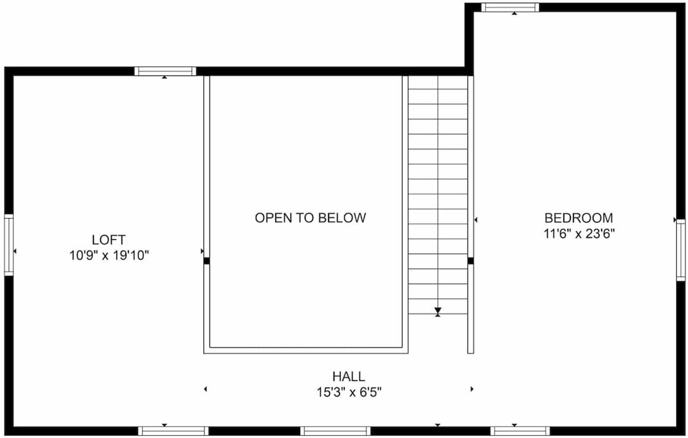 A floor plan with a loft, bedroom, and hall.