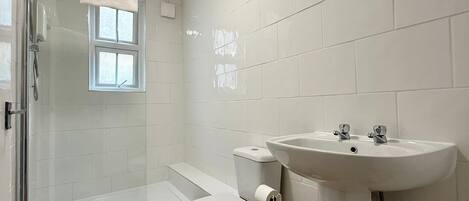 Regadera, toallas, jabón, papel de baño