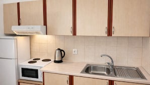 Eine kompakte Küche mit eingebautem Ofen, Wasserkocher, Spüle und Holzschränken.