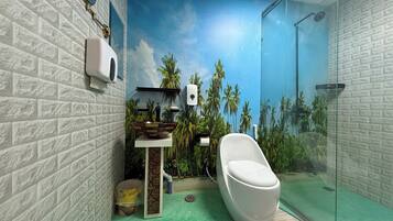Hair dryer, towels, soap, toilet paper