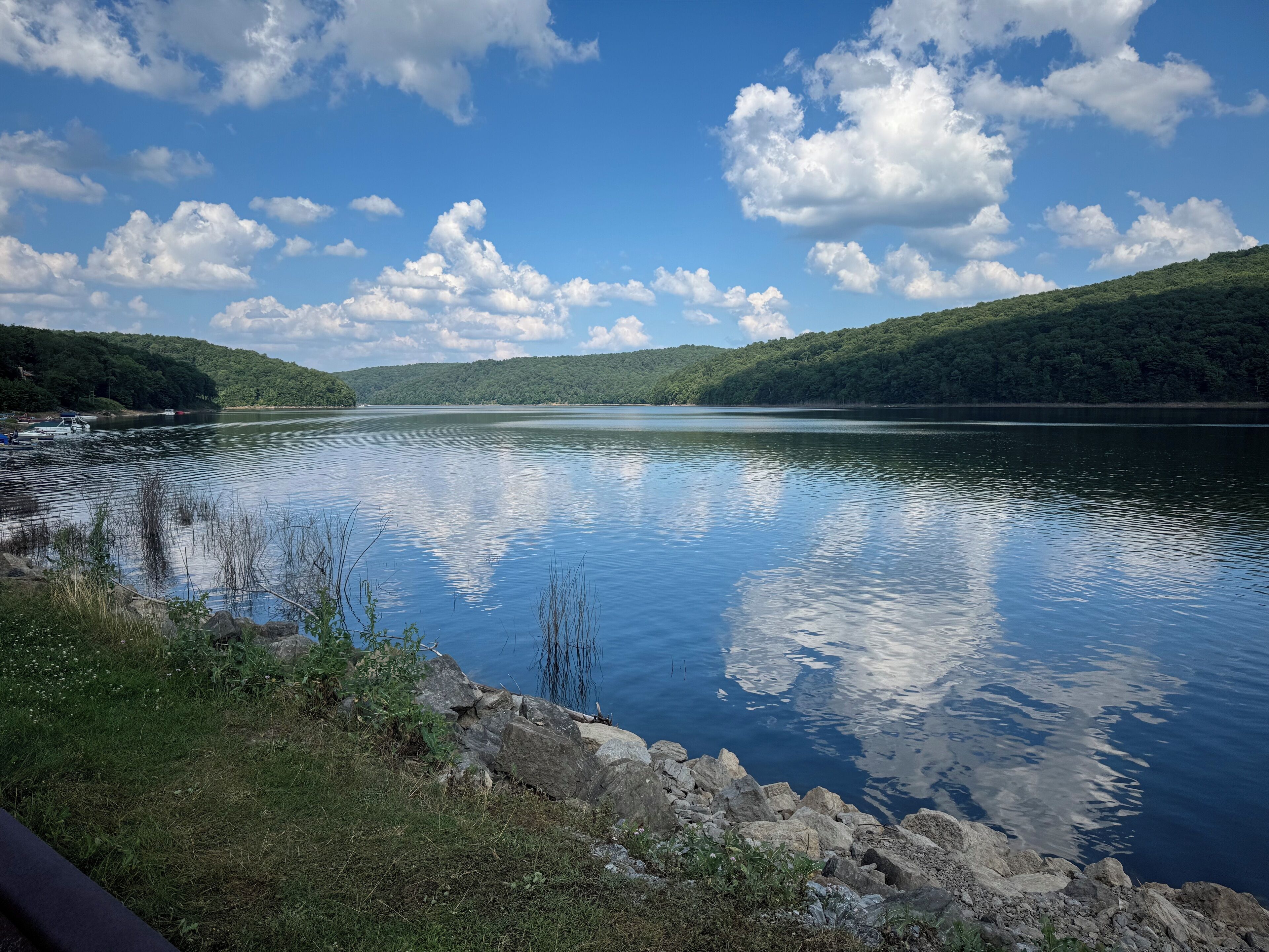 A calm lake with a rocky shoreline and dense forested hills in the background.