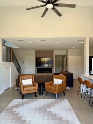 Smart TV, fireplace, books