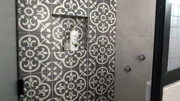 Hair dryer, towels, soap, shampoo