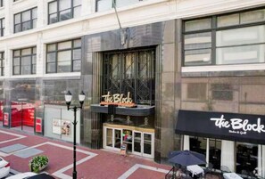 A building with a storefront named 'The Block' featuring a black awning and a glass entrance. - Ste 717-Free Parking + Skywalk Access + Downtown 2BR City Views (Indianapolis)