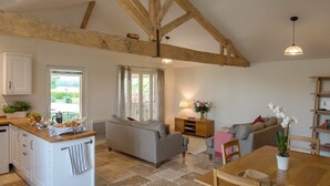 A spacious living area with a kitchen, a dining table, and a sofa.