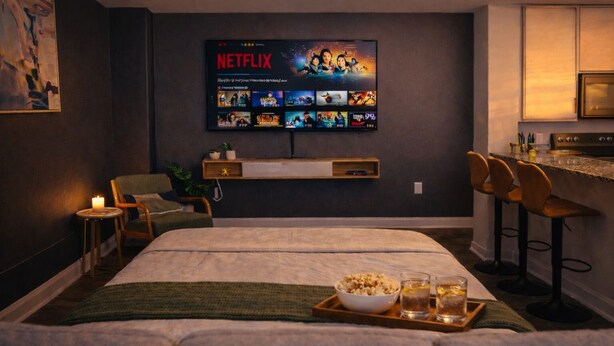 A cozy room with a large bed, a TV displaying Netflix, a bar area, and a small table with snacks. - Ste 421 + Free Parking + Skywalk + Downtown 1BR Near Lucas Oil (Indianapolis)
