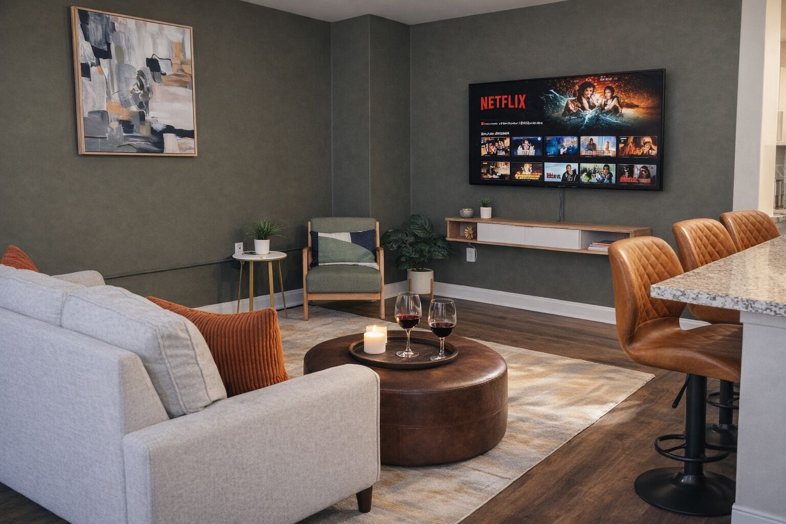Ein modernes Wohnzimmer mit grauem Sofa, einem Couchtisch mit Kerzen, einem Fernseher der Netflix-Inhalte anzeigt und einem kleinen Beistelltisch mit einer Pflanze.