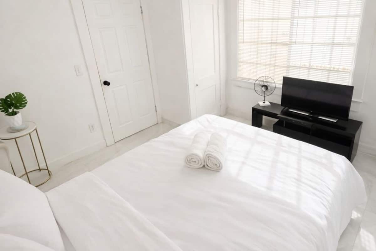 A bedroom with a large bed, a TV, a small table with a plant, and a window with blinds.