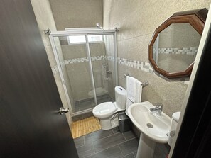 Dusche, Haartrockner, Handtücher, Seife