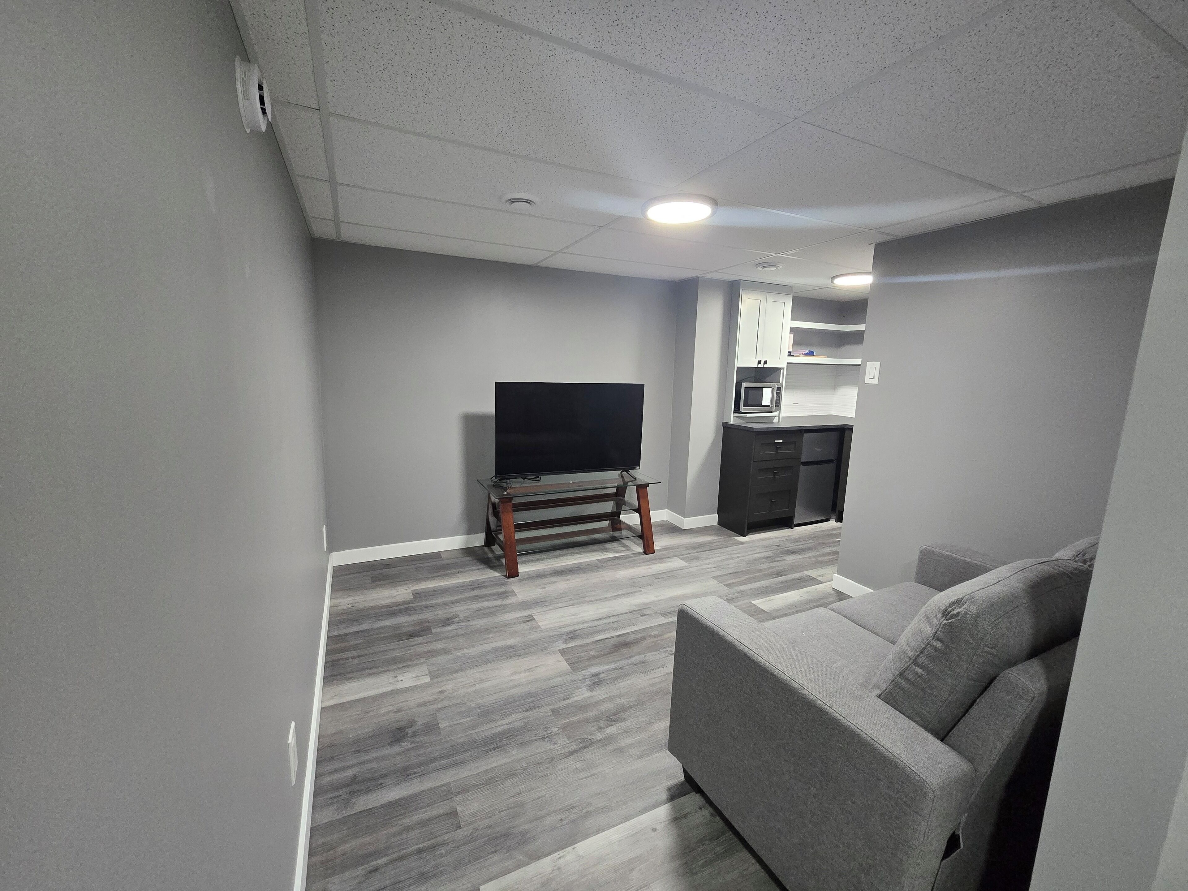A modern living room with a flat-screen TV on a wooden stand, a grey sofa, and a kitchen area with white cabinets and a microwave.