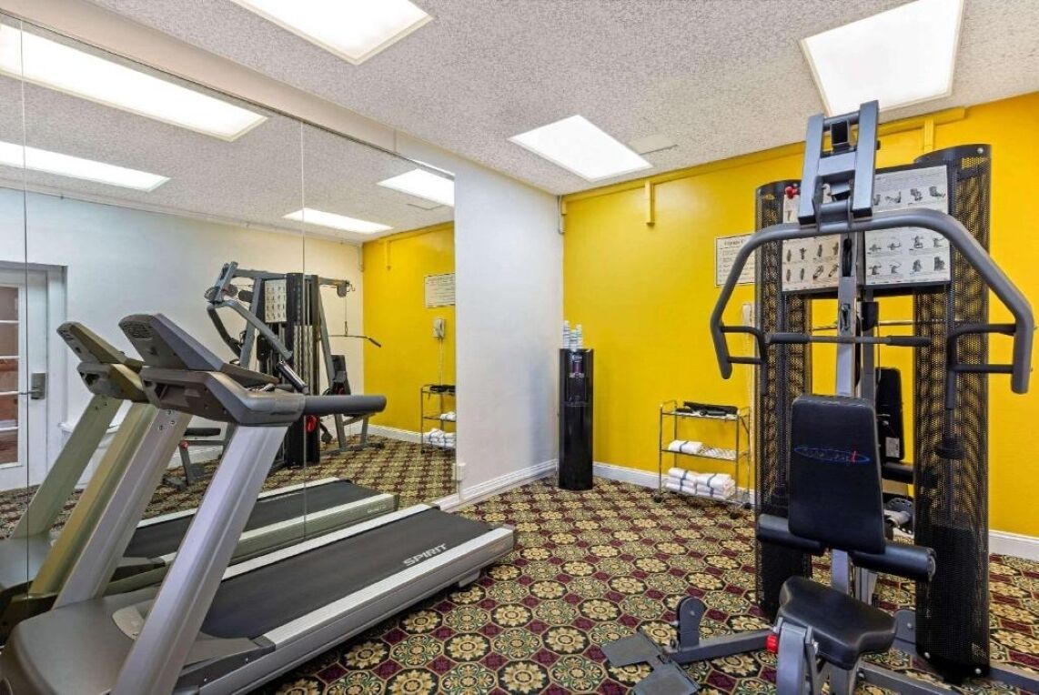 Ein Fitnessraum mit Laufbändern, Kraftgeräten und einem gemusterten Teppich.