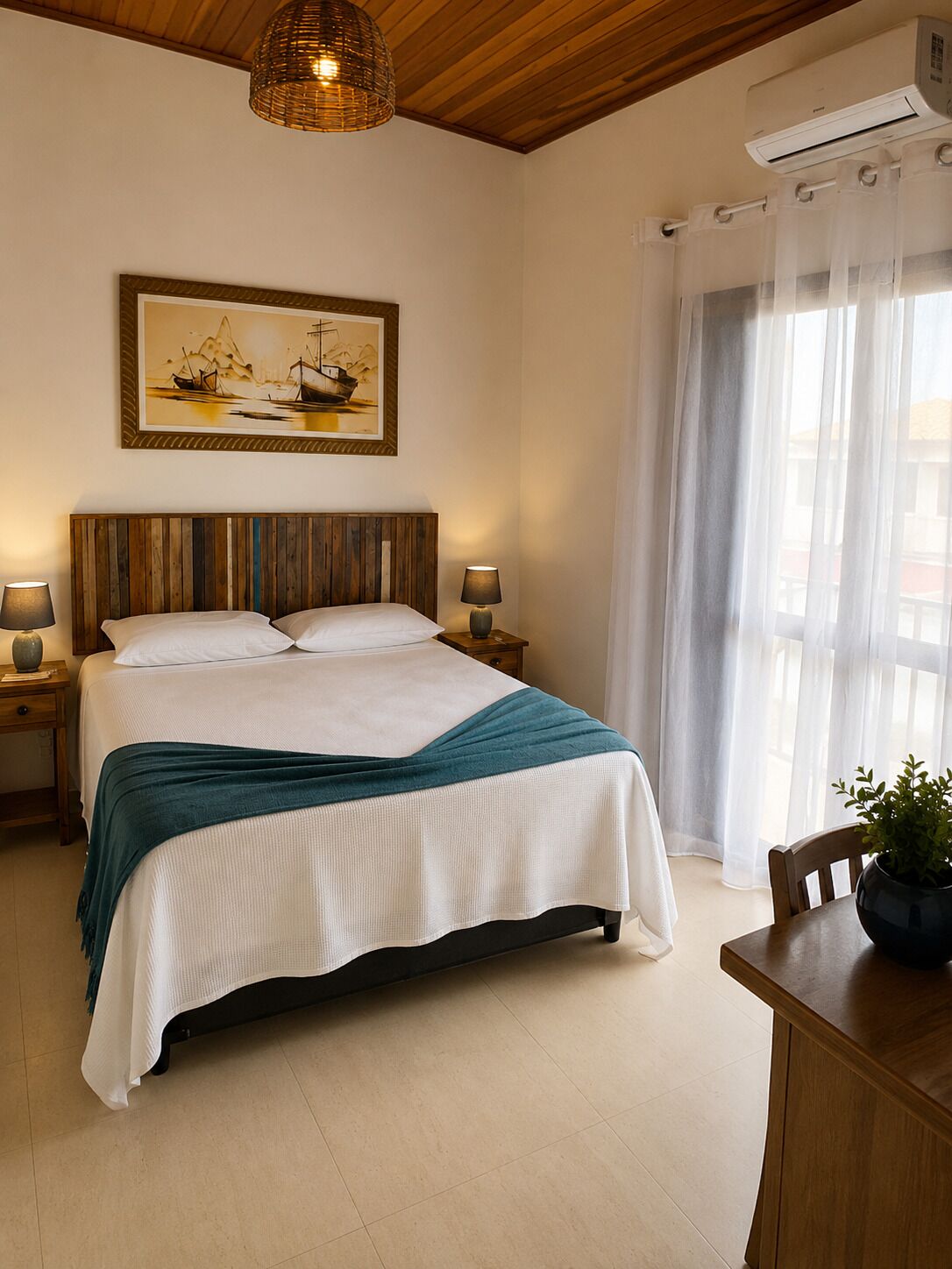 A bedroom with a bed, bedside tables, a lamp, a painting, an air conditioning unit, and a window with curtains.