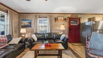 Smart TV, fireplace, books