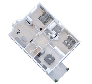 A 3D floor plan of a modern apartment with a living room, kitchen, dining area, two bedrooms, and a bathroom. - La maison des Ducs, terrace, BBQ, Near the center (Nevers)