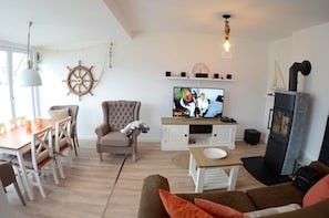 Tv, eldstad, dvd-spelare och böcker
