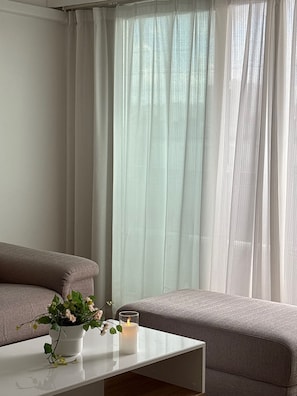 Una habitación con sofá, una mesita y una ventana con cortinas traslúcidas.