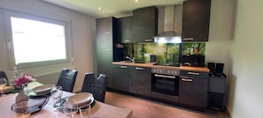 A modern kitchen with dark cabinetry, a built-in oven, and a window providing natural light. - Rehblick apartment in the Odenwald hiking and mountain biking paradise (Fürth)
