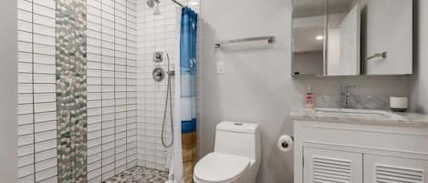 Shower, hair dryer, towels, shampoo