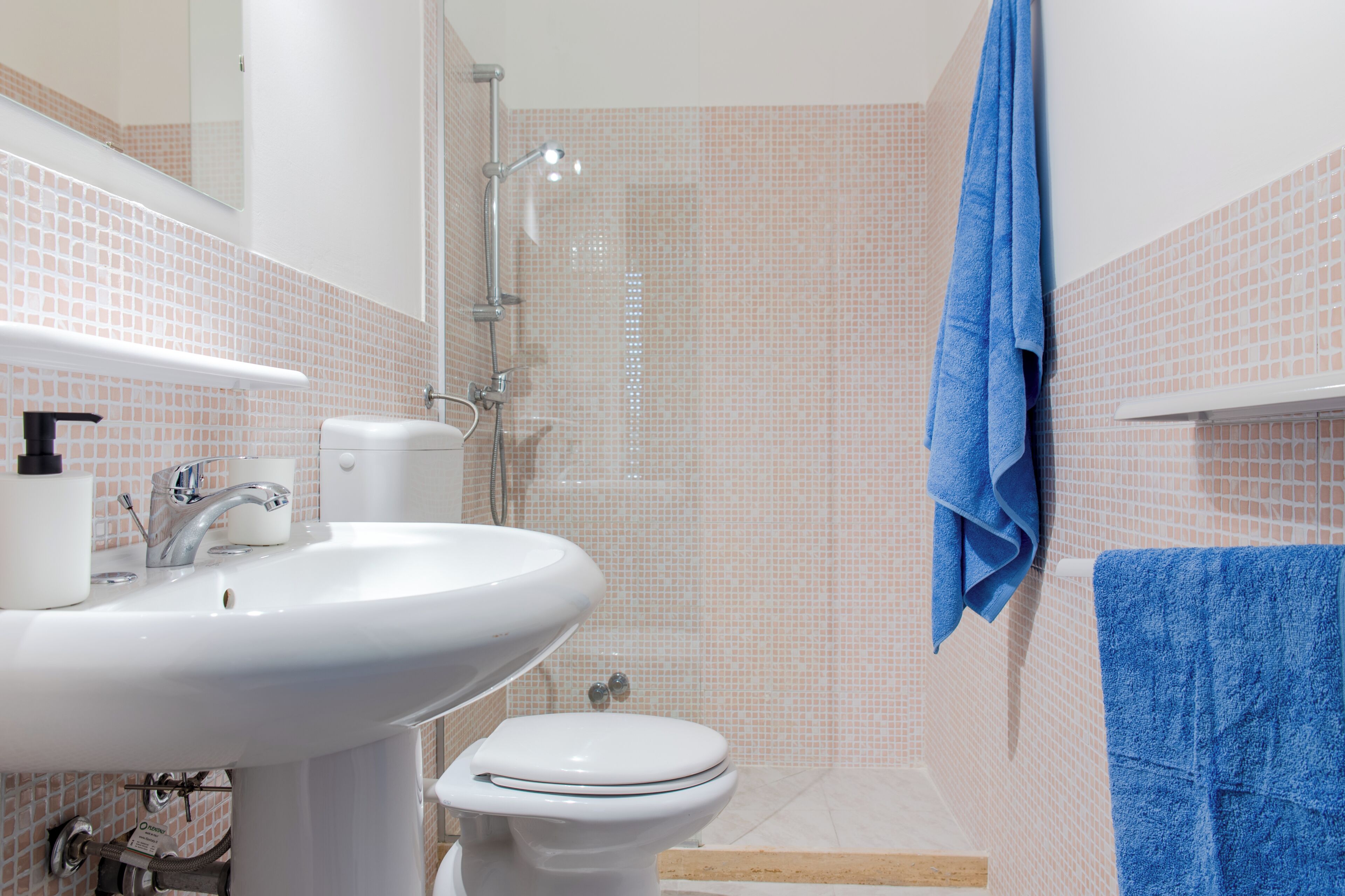 Un baño con lavabo, inodoro y ducha.