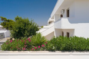 A white building with balconies, surrounded by green shrubs and pink flowers. - Vidamarina - Camere al Mare (Torre Castiglione)