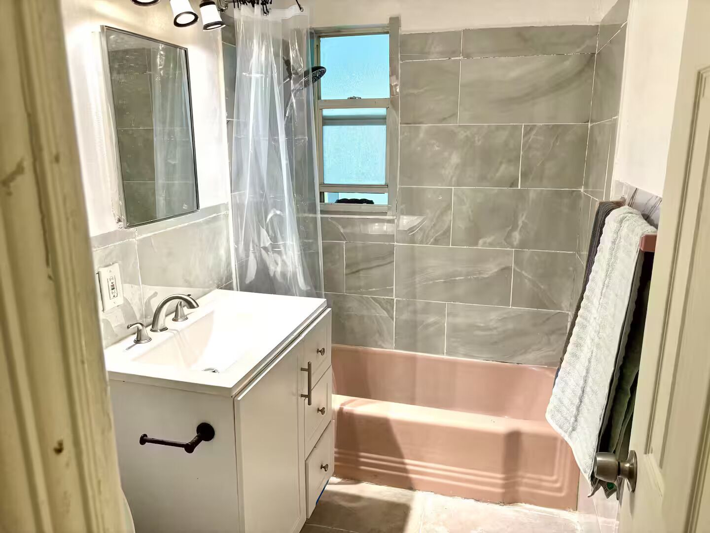 Hair dryer, towels, soap, shampoo
