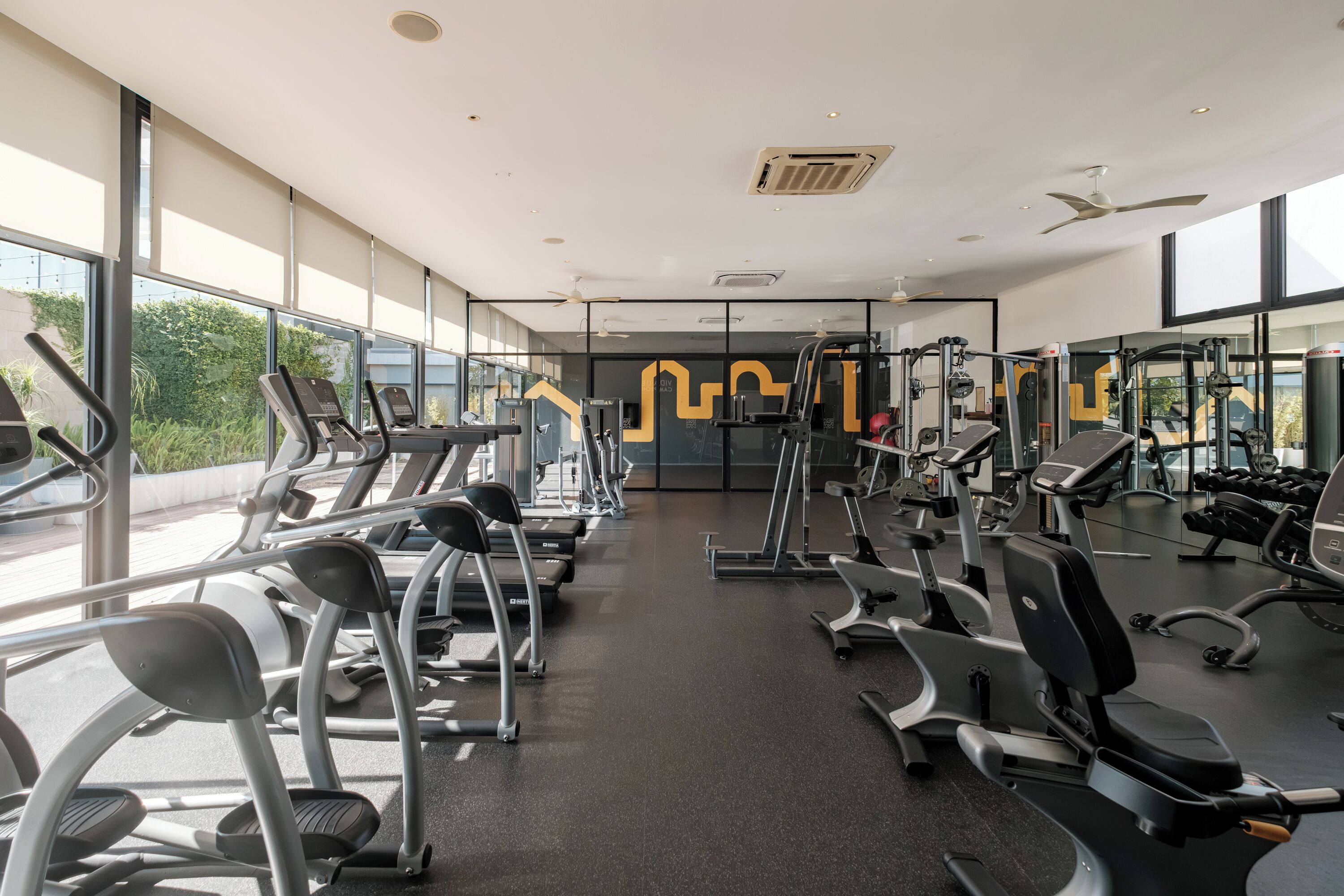 A gym with treadmills, elliptical machines, and weight equipment.