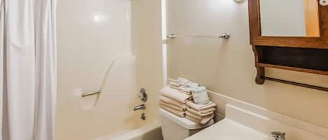 Hair dryer, towels, soap, toilet paper