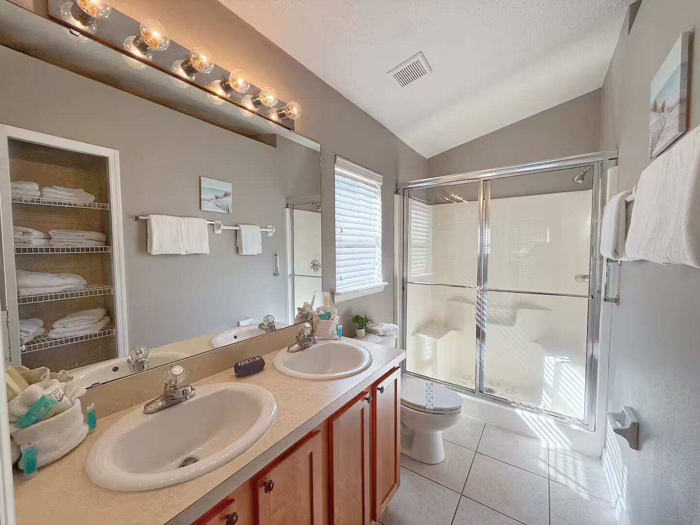 Hair dryer, towels, soap, toilet paper
