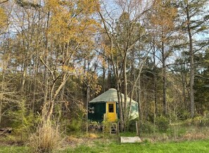 A small, single-room cabin with a green roof and a yellow door, surrounded by dense forest. - Relax in a Cozy, Skylit Yurt at a Farm Animal Sanctuary (Pittsboro)