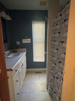 Une salle de bain avec une fenêtre, un lavabo et un rideau de douche orné d’un motif de moutons.