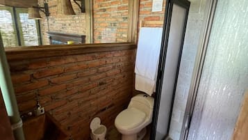 Shower, towels, soap, toilet paper