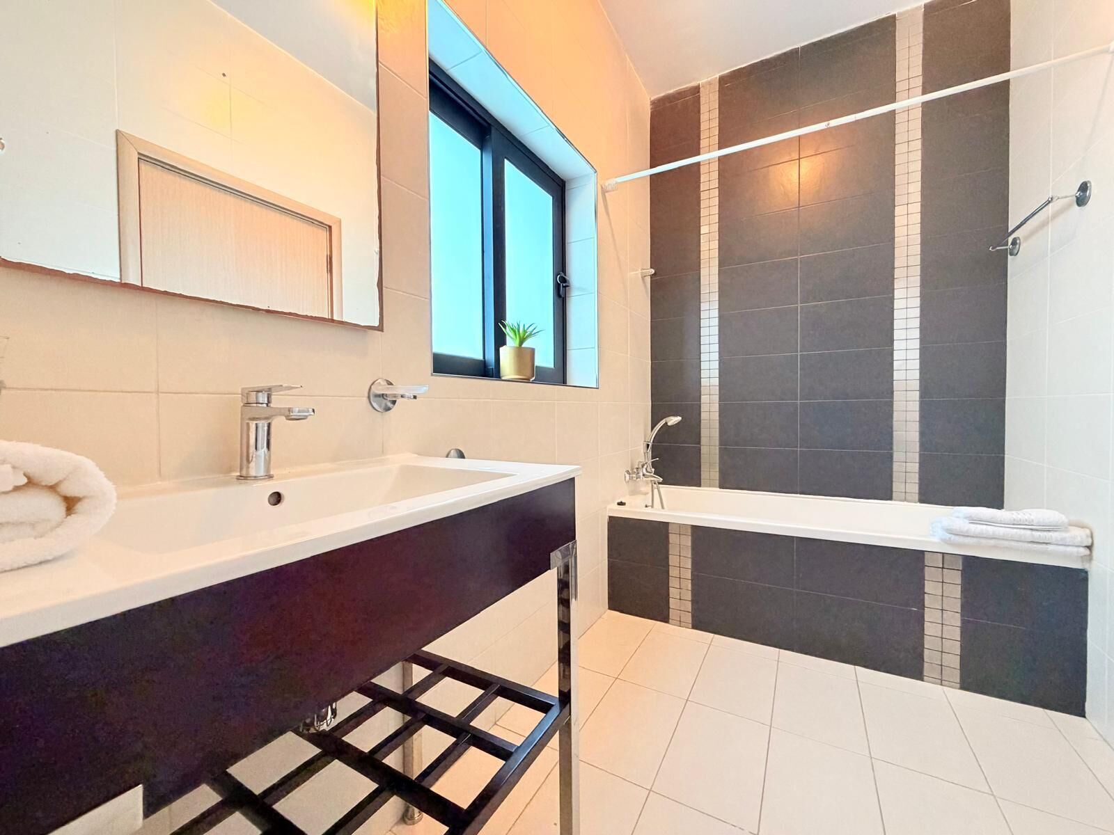 Hair dryer, towels, shampoo, toilet paper
